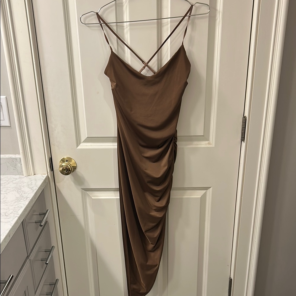 Windsor Brown Ruched Asymmetrical Slip Dress